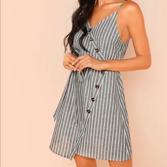 LAST ONE! Button Belted Faux Wrap Striped Dress - Picture 2 of 8